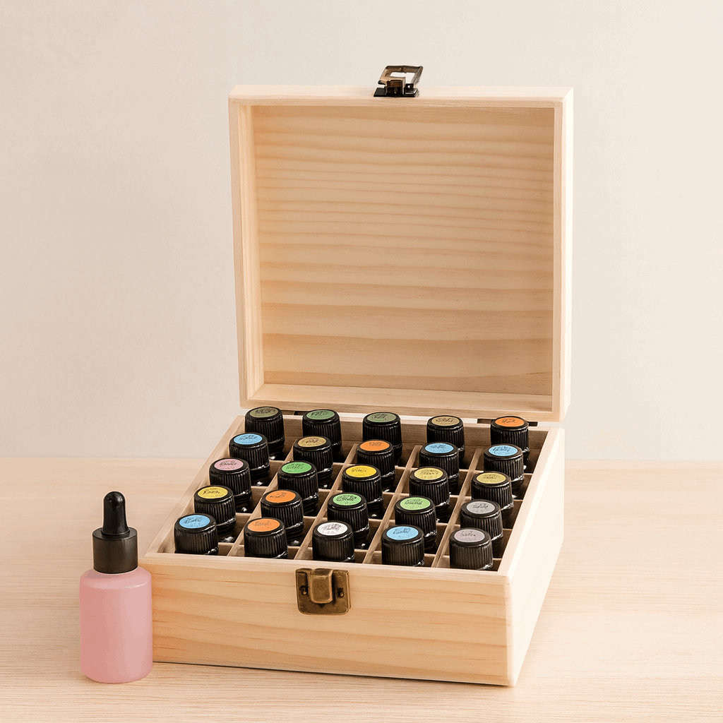 Boîte de rangement en bois pour huiles essentielles – 25 compartiments