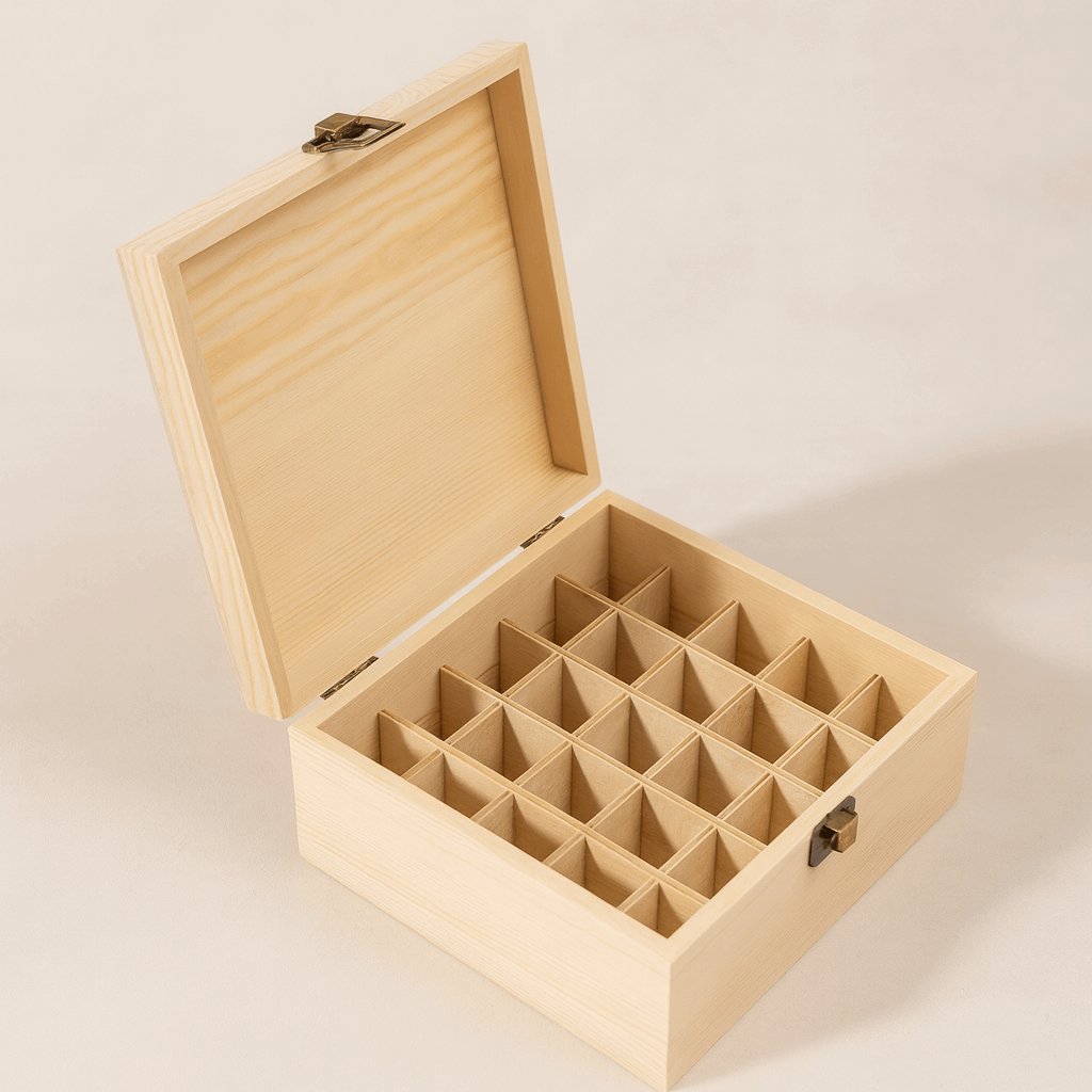 Boîte de rangement en bois pour huiles essentielles – 25 compartiments
